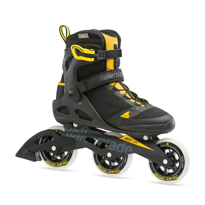 BLACK YELLOW INLINE TRI SKATES WITH 100MM WHEELS AND BRAKE 