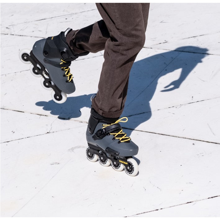 grey yellow inline urban skates with yellow laces 