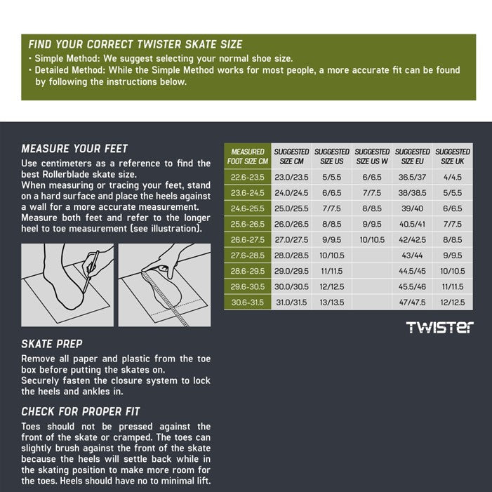 Rollerblade Twister SE Inline Skates Size Chart - Lucky Skates