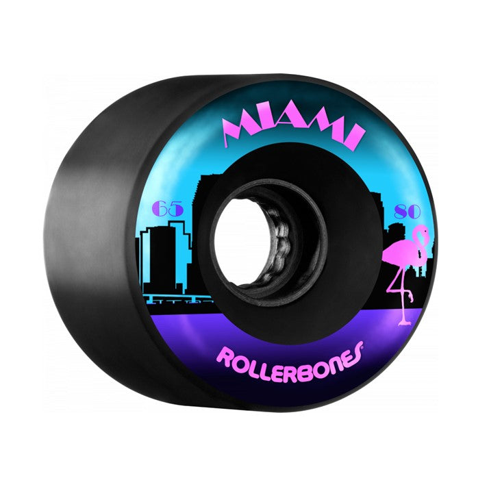 black rollerskate wheel with blue and purple print