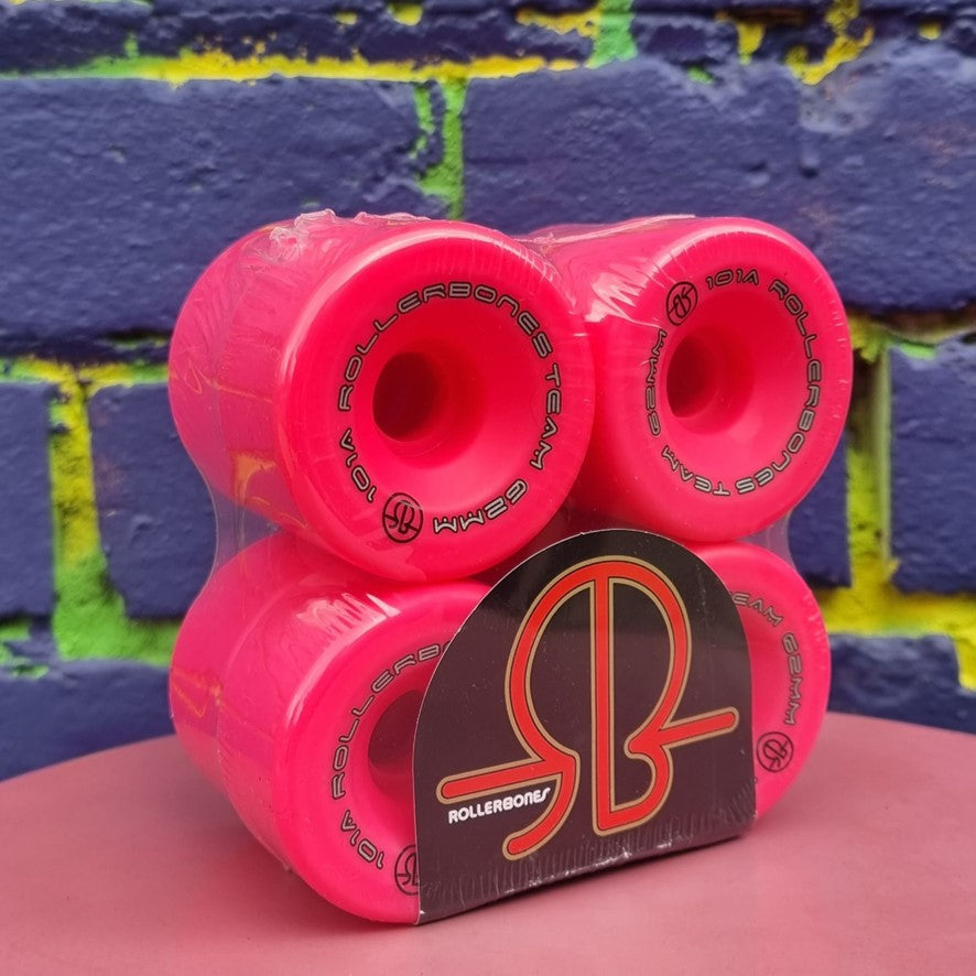 Rollerbones Team Logo Roller Skate Wheels Pink 62mm 101A - 8 Pack - Lucky Skates