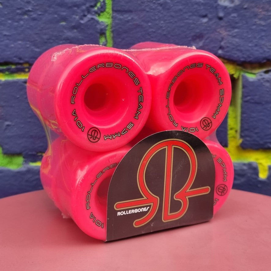 Rollerbones Team Logo Roller Skate Wheels Pink 57mm 101A - 8 Pack - Lucky Skates