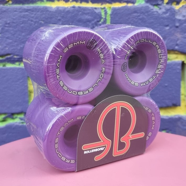 Rollerbones Team Logo Roller Skate Wheels Purple 62mm 98A - 8 Pack - Lucky Skates 