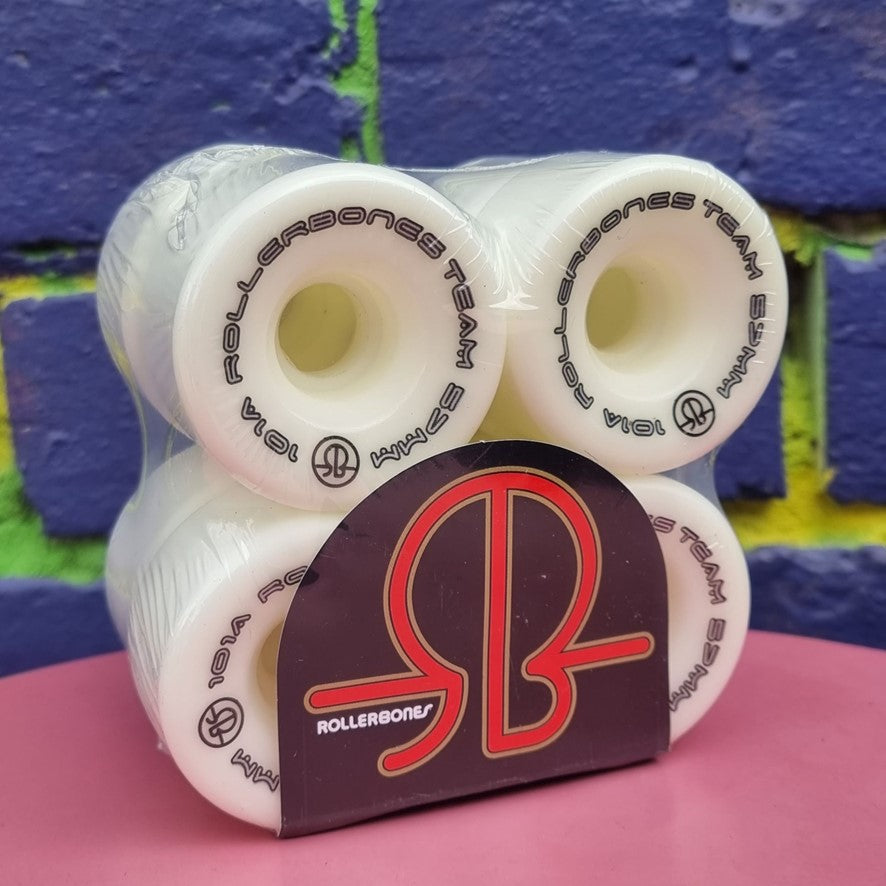 Rollerbones Team Logo Roller Skate Wheels White 57mm 101A - 8 Pack - Lucky Skates