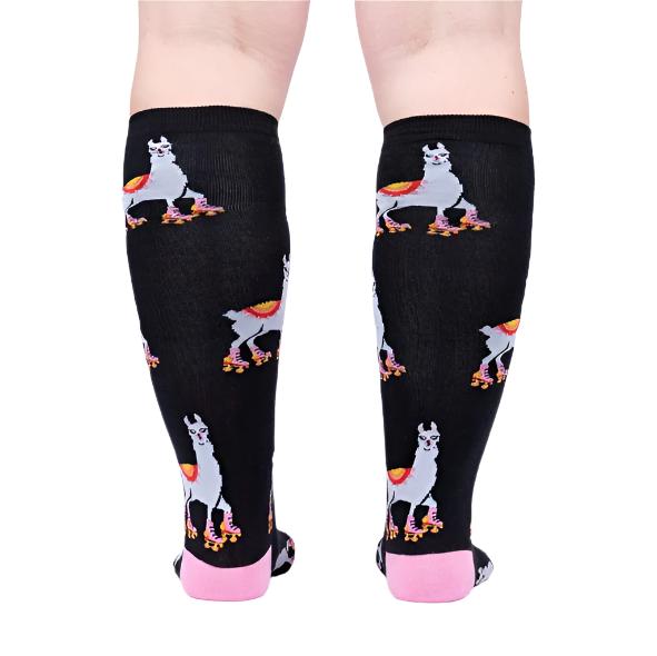 BACK VIEW OF PERSON WEARING BLACK KNEE HIGH SOCKS WITH LLAMAS SKATING