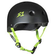 S1 Lifer Skate Helmet Matte Black helmet With Green Straps Certified - Lucky Skates