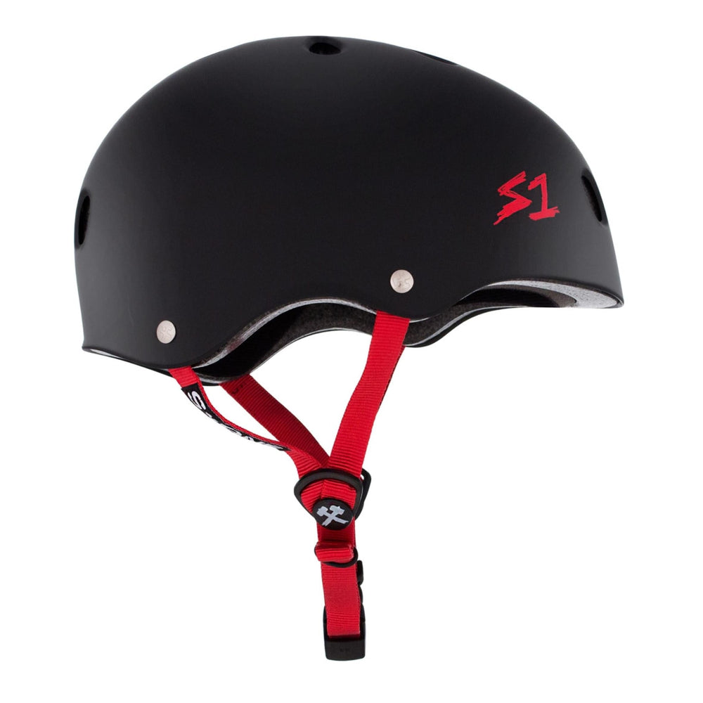 S1 Lifer Skate Helmet Matte Black helmet With Red Straps Certified - Lucky Skates