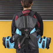 black inline skate backpack with skates inside 