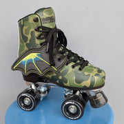 blue green bat wings attched to blue rollerkskate 