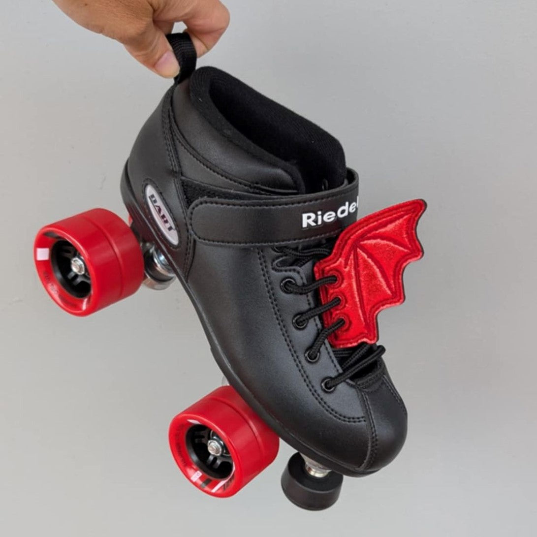 red shiny bat wings that attach to skates or shoes 