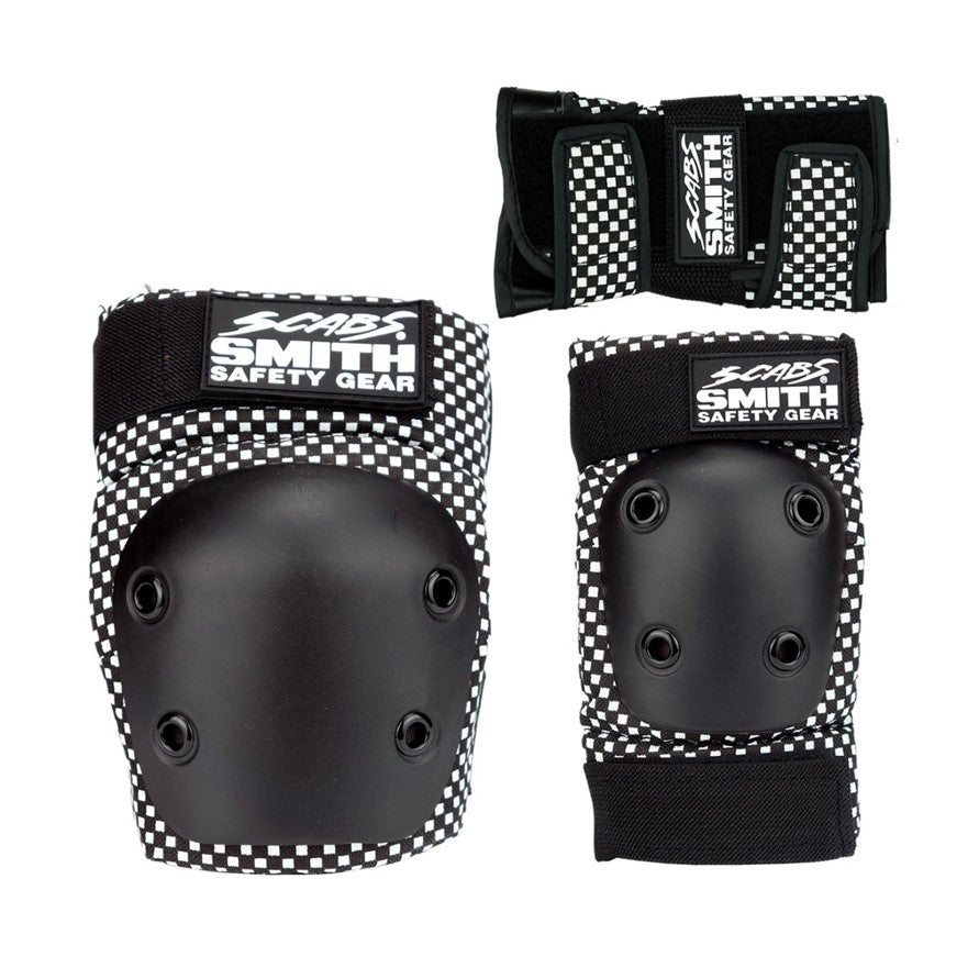Smith Junior Tripack Protective Padding Set Checker Black White Knee Pads, Wrist guards, Elbow Pads - Lucky Skates 