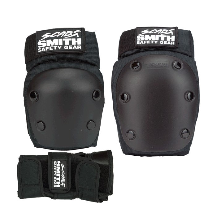 Smith Scabs Tripack Adult Protective Pad Set Black Knee Pads, Elbow Pads, Wrist Guards - Lucky Skates