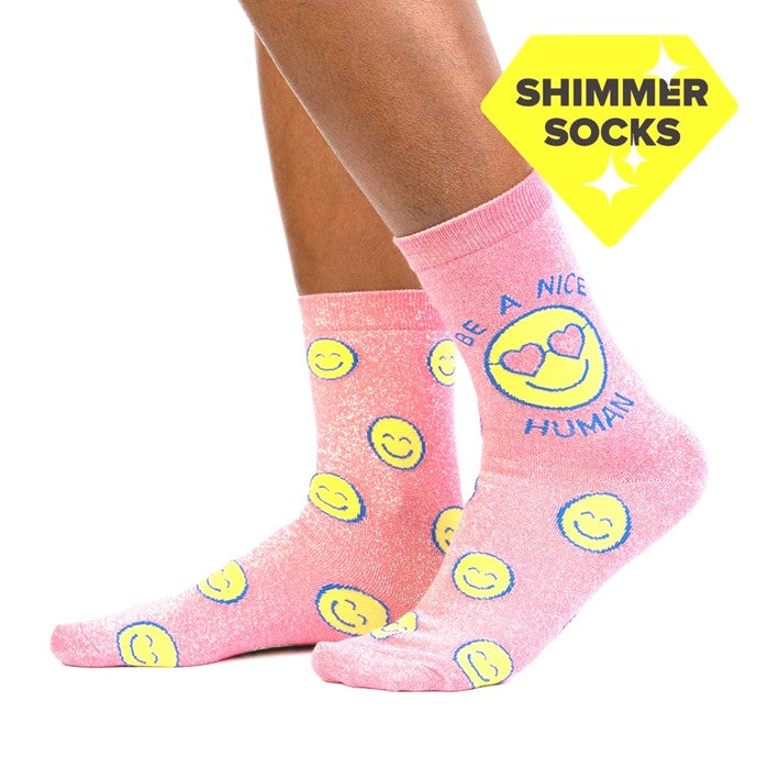 Sock It To Me  Be A Nice Human Smiley Face Glitter Womens Crew Socks - Lucky Skates