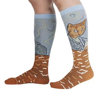 Sock It To Me Cat Van Gogh A Selfie Portrait Knee High Long Socks - Lucky Skates