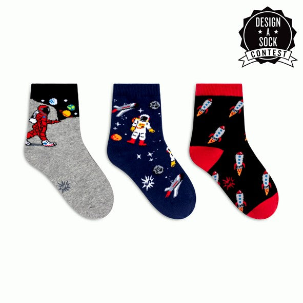 Sock It To Me Moon Walk Junior Socks  Astronauts Planets Rocket Ships - 3 Pack - Lucky Skates