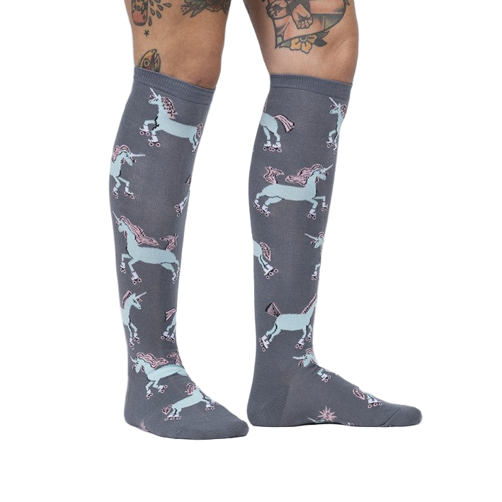Sock It To Me Rolling With My Ponies Long Knee High Socks Unicorn Grey - Lucky Skates 
