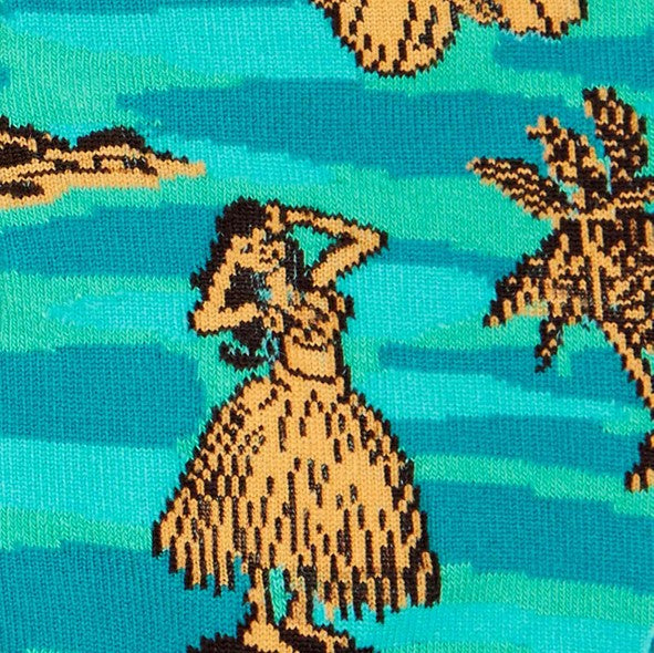 CLOSE UP OF ISLAND GIRL AND PALM TREES ON TEAL CREW SOCK