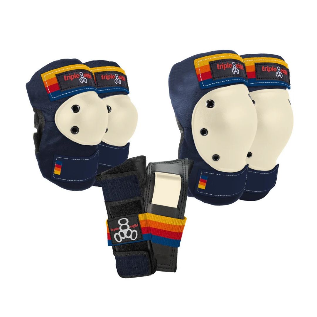 Triple 8 Pacific Beach Knee Pads, Elbow Pads, Wrist Guards, Blue with retro stripes - Lucky Skates
