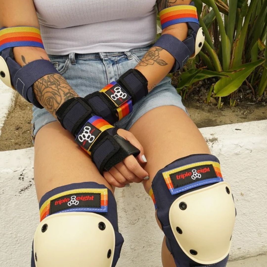 Triple 8 Pacific Beach Knee Pads, Elbow Pads, Wrist Guards, Blue with retro stripes - Lucky Skates