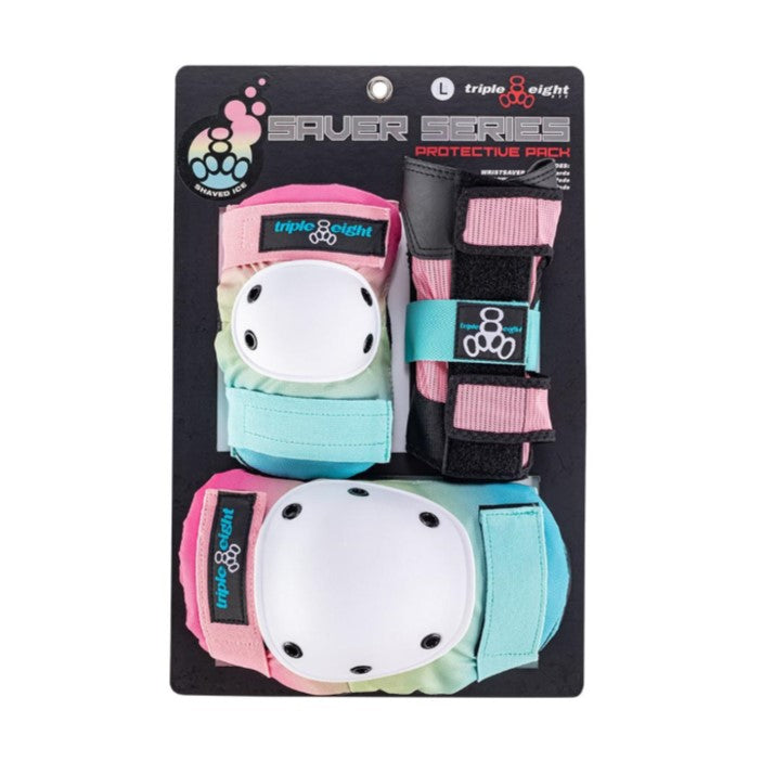 Triple 8 Tri Pack Saver Series Shaved Ice Protective Padding Set Knee Pads, Elbow Pads, Wrist Guards Pink, Teal Ombre - Lucky Skates