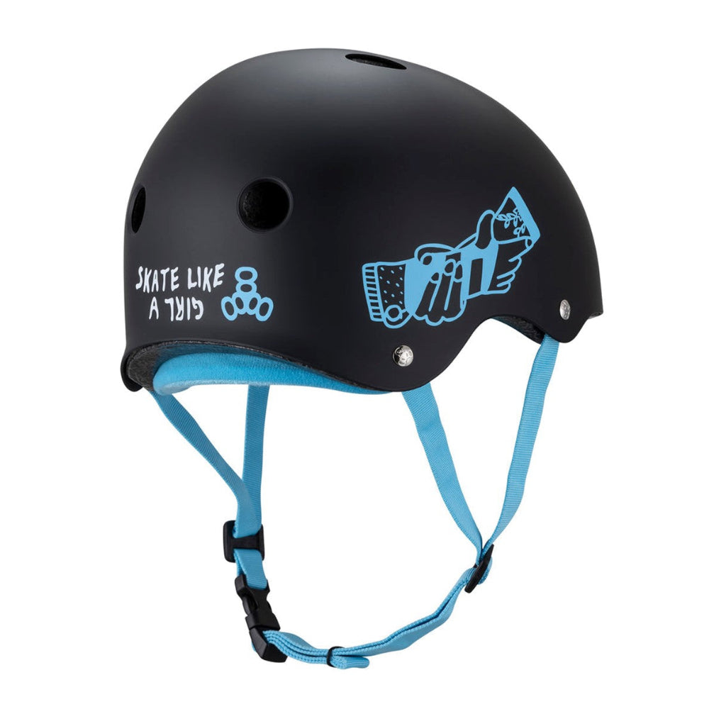 Triple 8 Certified Sweatsaver Skate Helmet Skate Like A Girl Black Matte Blue - Lucky Skates