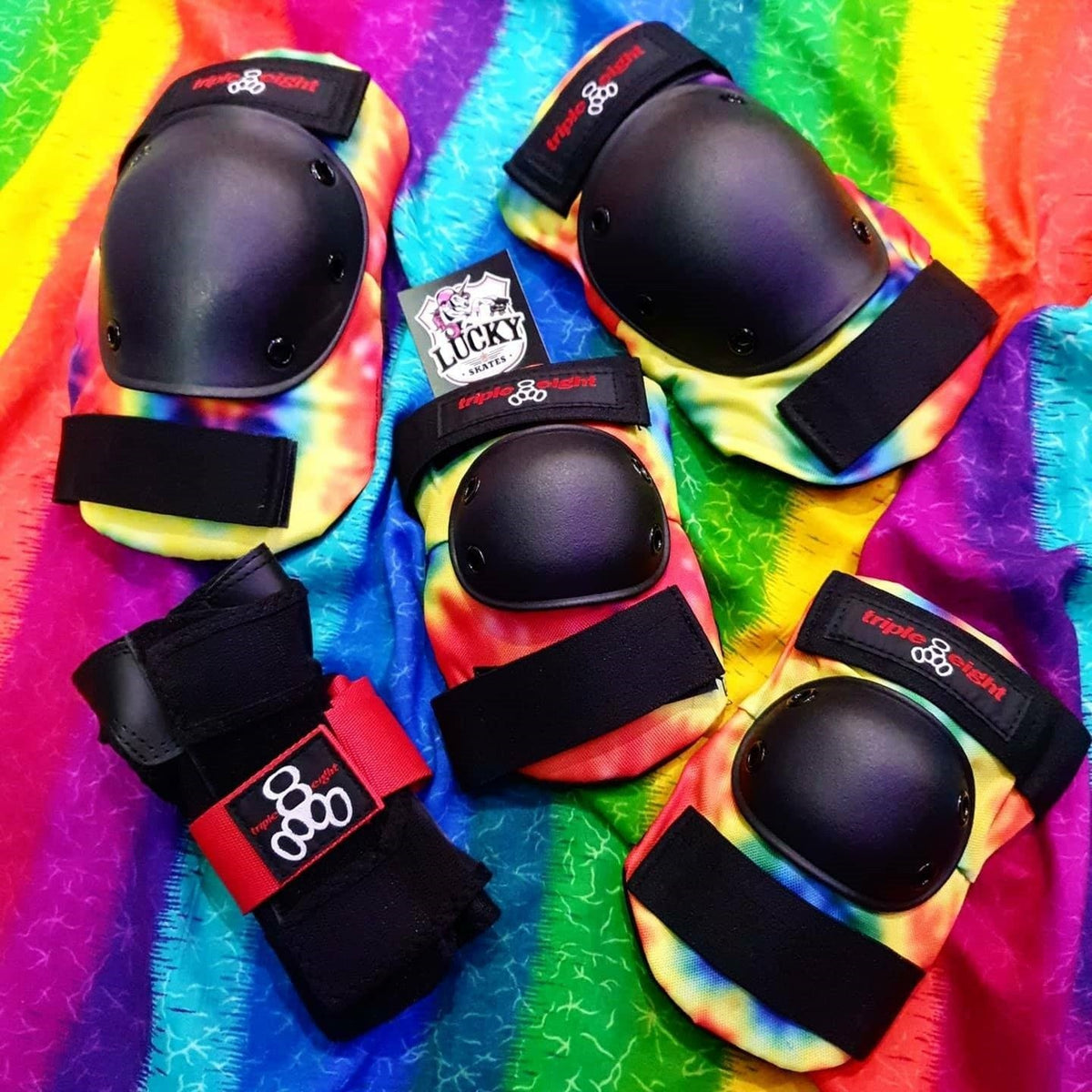 Triple 8 Tri Pack Saver Series Tie Dye Knee Pads, Wrist Guards, Elbow Pads - Lucky Skates