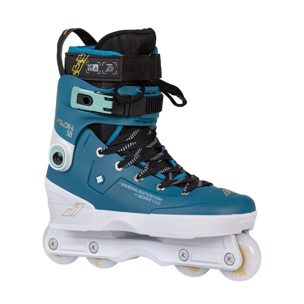 teal Blue Aqua Inline Aggressive Skates with white soul plates and white wheels - Lucky Skates 