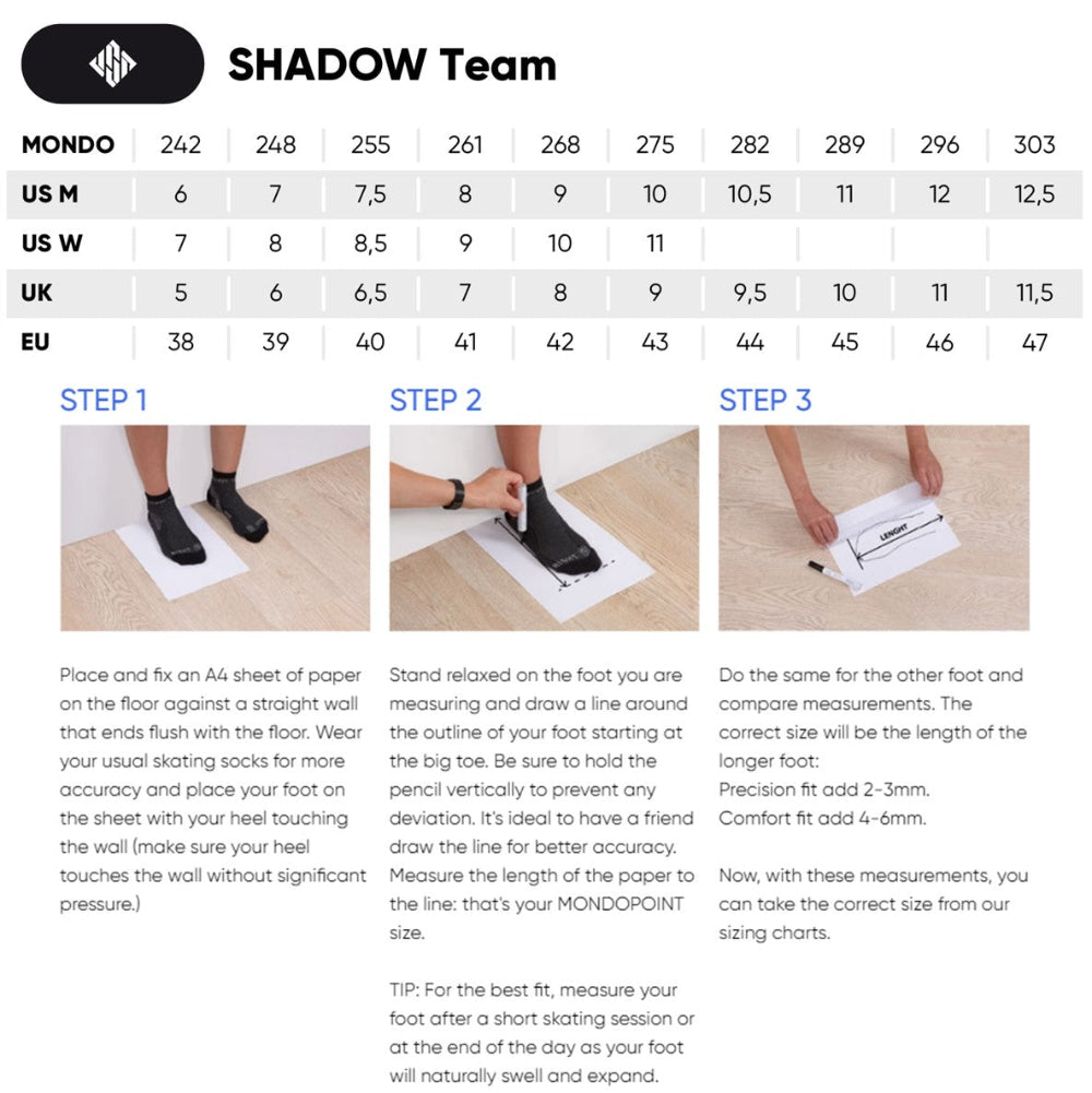 USD Shadow Team 60 Aggressive Inline Skates Size Chart  - Lucky Skates
