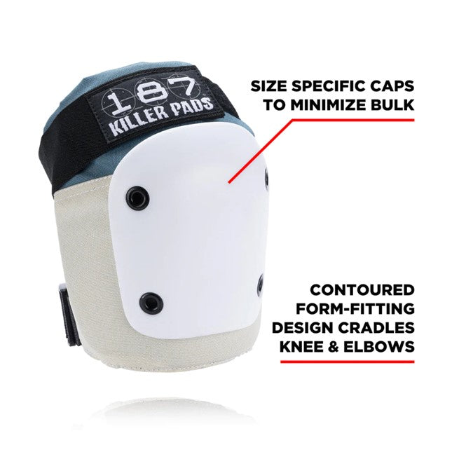 cream and blue knee pads with white caps