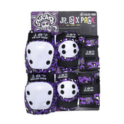 purple black leopard print knee pads, elbow pads, wrist guards with white caps