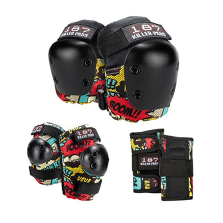 comic multicoloured print 187 killer padding set, knee pads elbow pads and wrist guards