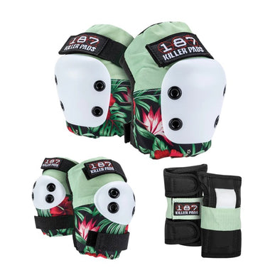 hibiscus flower green and red 187 killer padding set, knee pads elbow pads and wrist guards