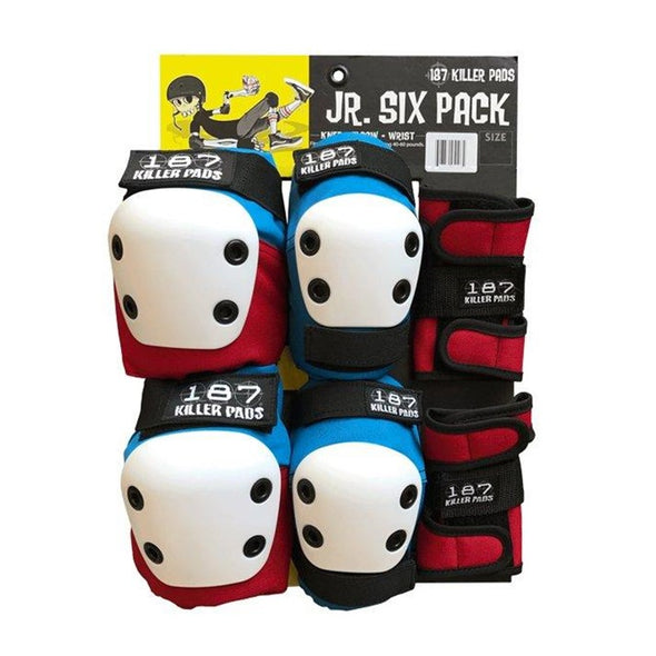 red, blue, black, knee pads, elbow pads, wrist guards with white caps