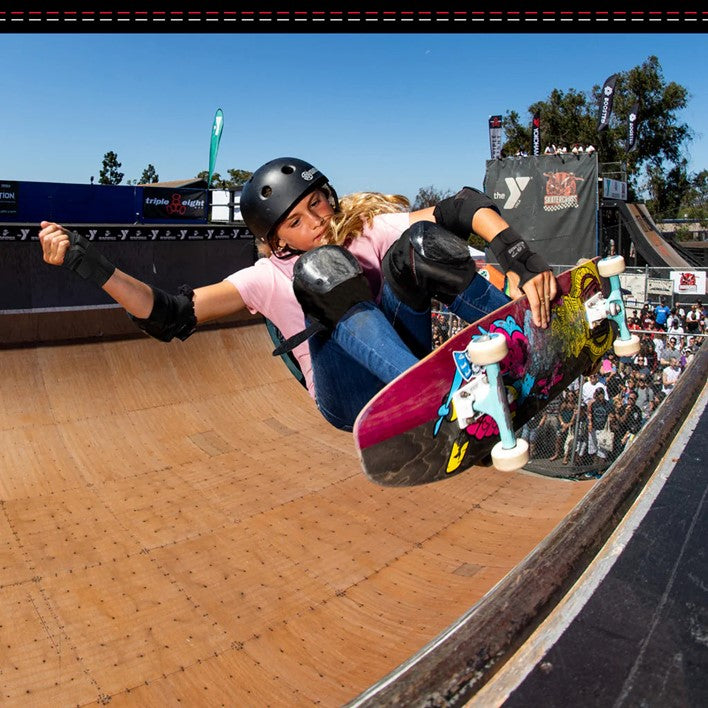 skateboarder wearing 187 black knee pads on ramp