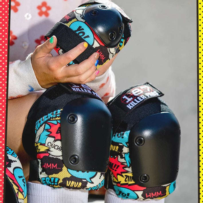  person wearing cartoon design 187 killer pad knee pad and elbow pads 