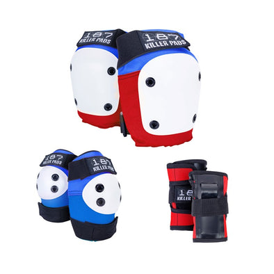 red and blue 187 killer padding set, knee pads elbow pads and wrist guards