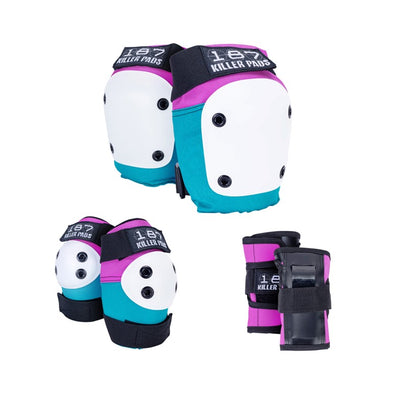 187 killer padding tealand purple knee pads elbow pads and wrist guards white caps