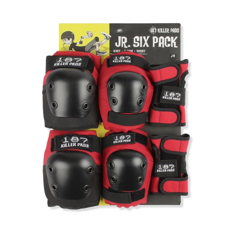 junior kids skate padding set 6 pack, knee pads, elbow pads, wrist guards, red black  