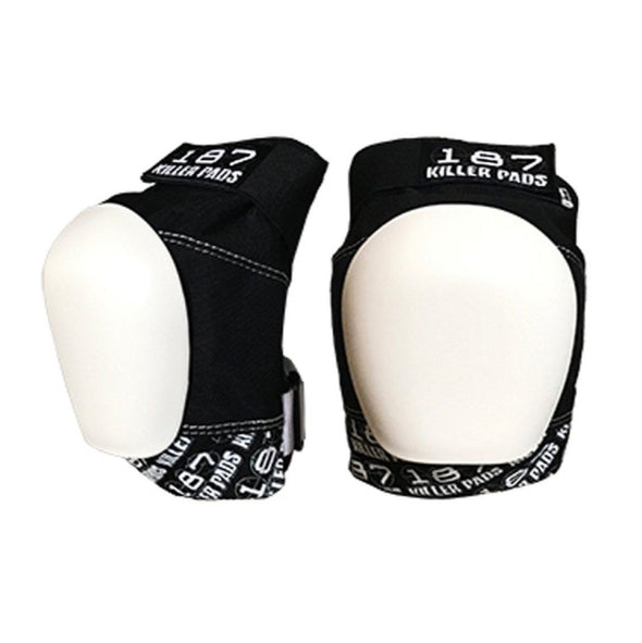 black knee pads, white caps, white print on bottom '187'