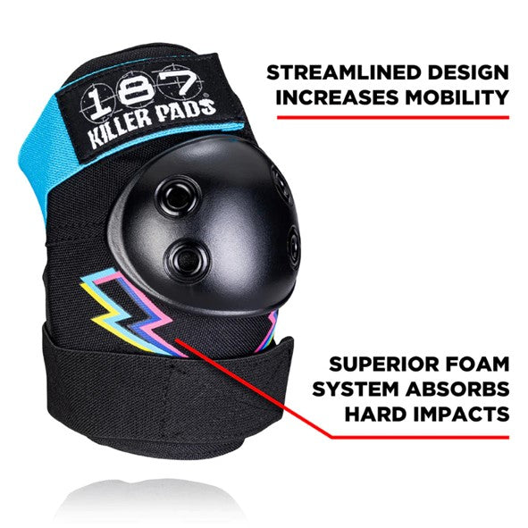 187 black elbow pad with blue strap and lightning bolt