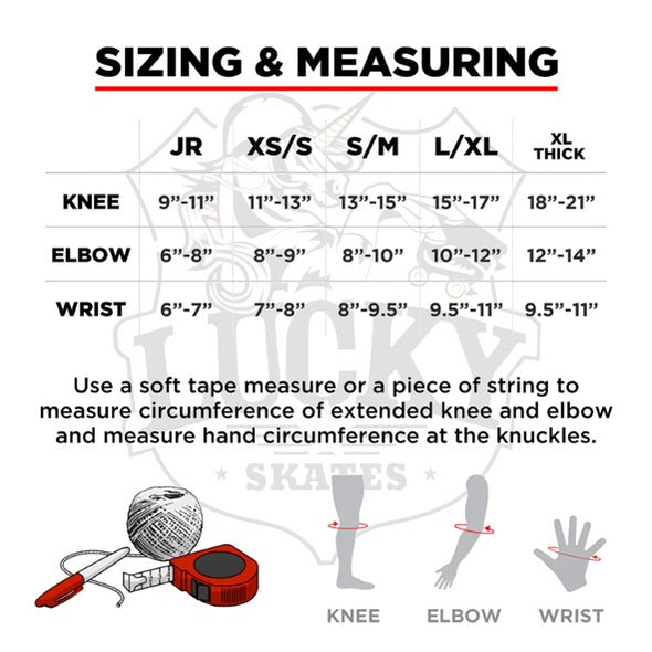 size chart for 187 wrist elbow and knee padding set