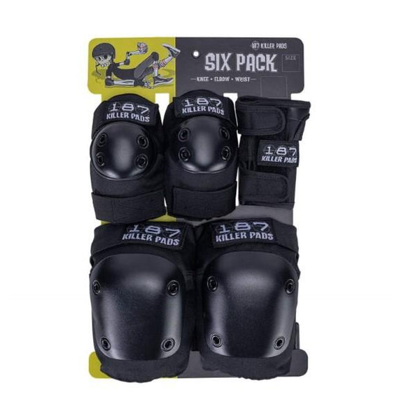 black 6 packs of skate padding. knee pads, elbow pads, wrist guards 