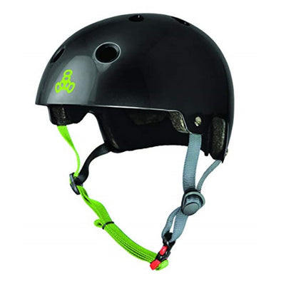 black gloss helmet with green straps 