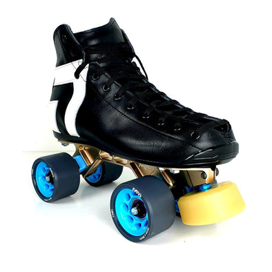 antik black and white high top roller skate  with arius plate and blue halo wheels