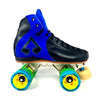 BLUE BLACK LEATHER SUEDE MID HIGH ROLLER SKATE HIGHH TOP BOOT WITH ARIUS PLATE AND MORPH WHEELS