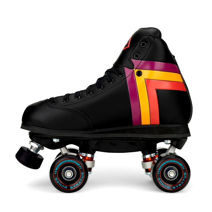 black antik rollerskate with red yellow orange stripe and black sonar status wheels 