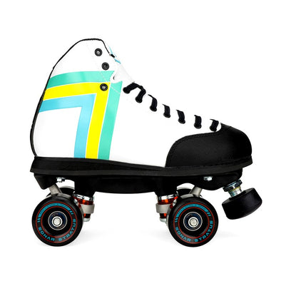 white antik rollerskate with green yellow and blue stripe and black status stratus wheels 
