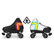 black antik rollerskate with red yellow orange stripe and white with blue, yellow and green stripe