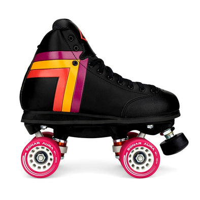 black antik roller skate with yellow orange pink arrows red wheels
