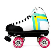 white roller skates with green yellow blue arrows, red wheels 